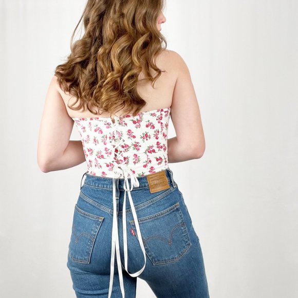 Vintage Corset Bustier Floral Lace Up Cottagecore Strapless Pin-Up Sexy Lingerie - Picture 3 of 5